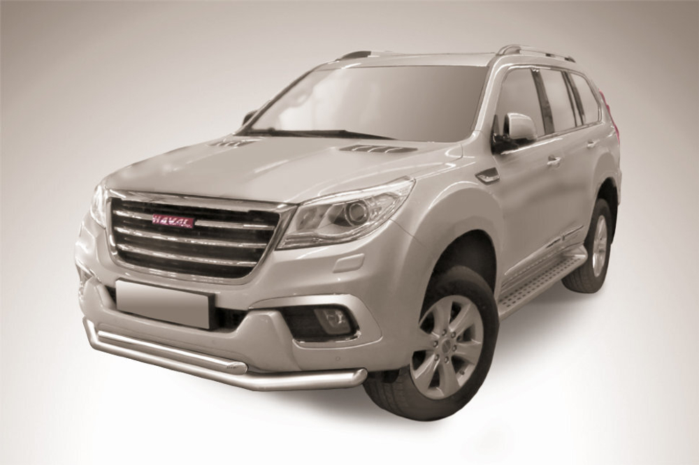 Защита переднего бампера (нержавейка) Haval H9 (2017-2023) d76+d57 (черный)