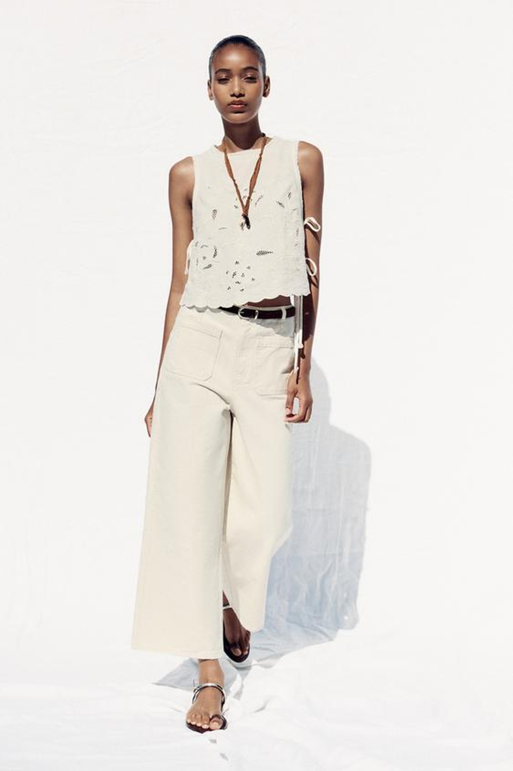 ZARA ДЖИНСЫ-КЮЛОТЫ Z1975 С ВЫСОКОЙ ПОСАДКОЙ И РЕМНЕМ, ЭКРЮ