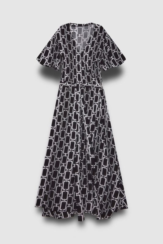 Платье-трапеция на запах, геометричный принт, черный