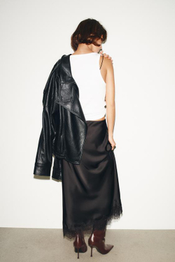 ZARA АТЛАСНАЯ ЮБКА МИДИ С КРУЖЕВОМ, ЧЕРНЫЙ