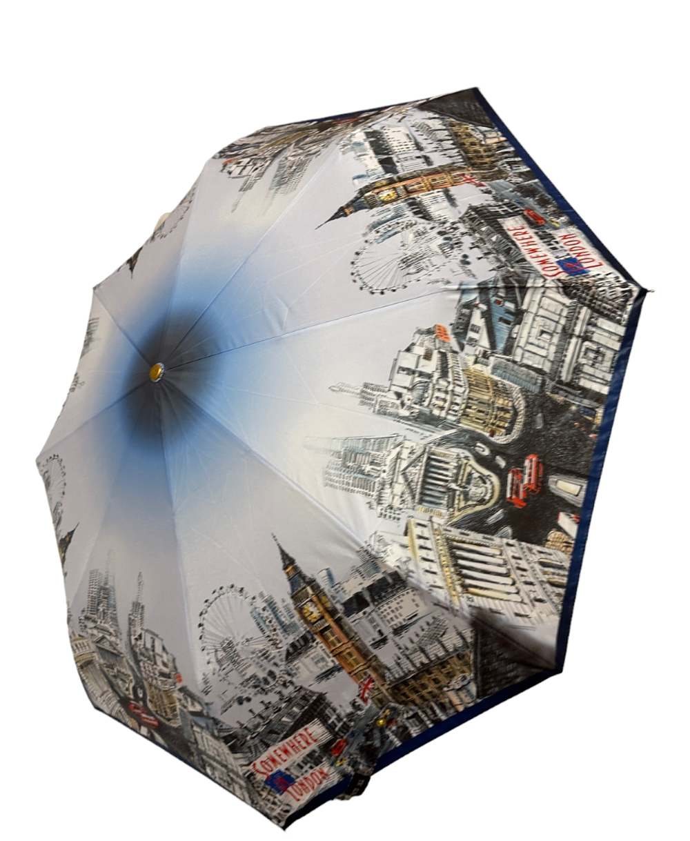 Зонт женский складной супер-автомат набивной "ЭПОНЖ", расцветка - города  ("Три слона" - арт. L3833-С)