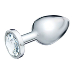 Серебристая коническая анальная пробка с прозрачным кристаллом - 8 см. (Цвет: прозрачный)