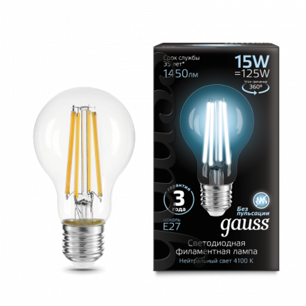 Лампа Gauss LED Filament A60 15W E27 1450 lm 4100K 102902215