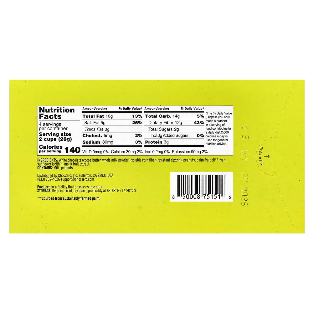 ChocZero, Белый шоколад с арахисовой пастой, 8 чашек, 113 г (4 унции)