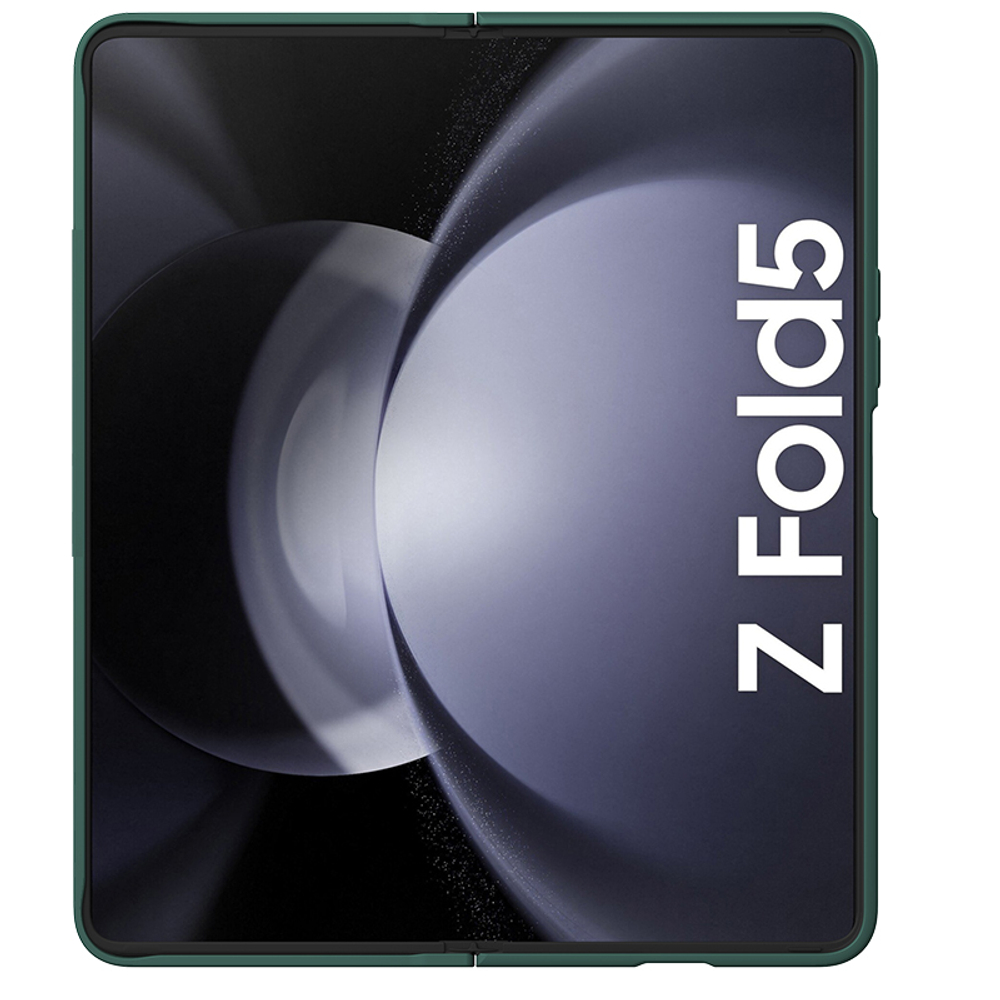 Чехол темно-зеленого цвета покрытый мягким жидким силиконом от Nillkin для Samsung Galaxy Z Fold 5, серия CamShield Silky Silicone с защитной шторкой для камеры