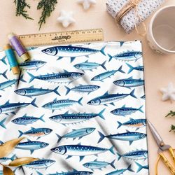 Ткань премиум таффета синие морские рыбы