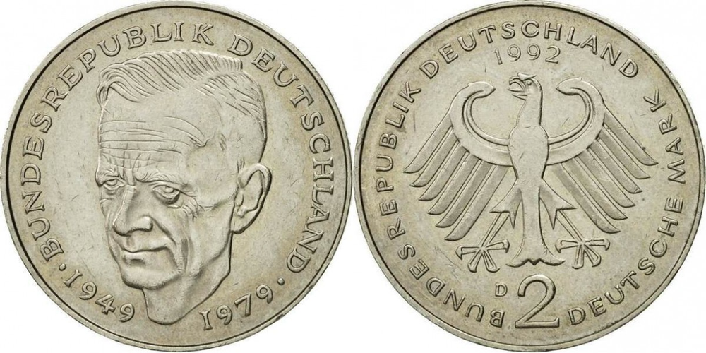 Германия 2 марки, 1979 - 1993 Курт Шумахер XF