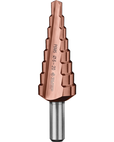 ЗУБР Кобальт, 6-20 мм, 8 ступеней, сталь Р6М5, кобальтовое покрытие, ступенчатое сверло, Профессионал (29672-6-20-8)