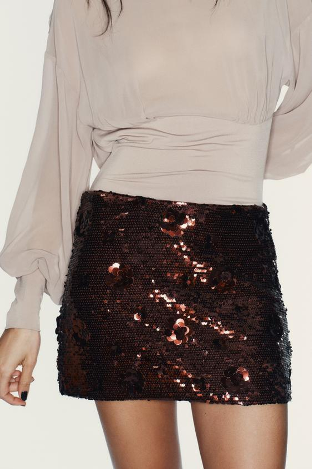 ZARA МИНИ-ЮБКА С ПАЙЕТКАМИ, ТЕМНО-КОРИЧНЕВЫЙ