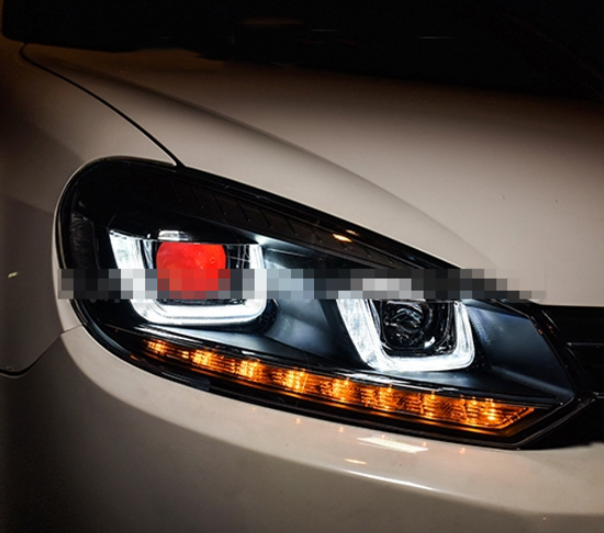 Передние фары Гольф 6 2008-2012 V9 Type [Комплект Л+П; яркие светодиодные ходовые огни; светодиодный поворотник; электрокорректор]