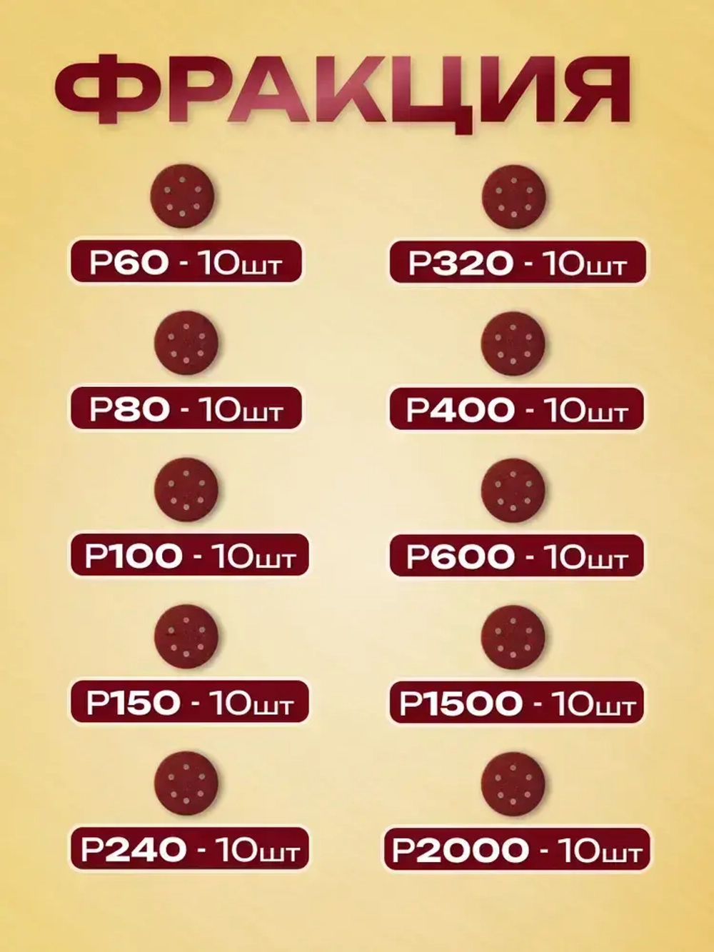 Шлифовальные круги 125мм на липучке 100 шт набор / Диски шлифовальные набор Р60 - Р2000