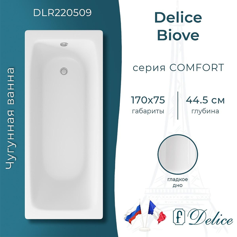 Чугунная ванна Delice Biove 170х75 DLR220509 без отверстий под ручки и антискользящего покрытия