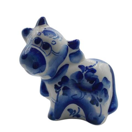 Фигурка Бычок с колокольчиком гжель