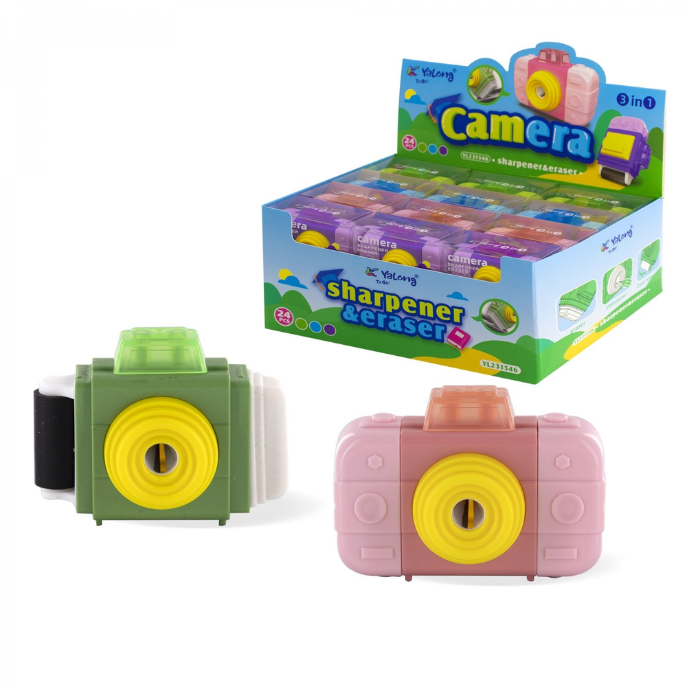 Точилка пластиковая с ластиком-роллером, Yalong, "Фотокамера", 1 отверстие, контейнер, цвета ассорти, в индивид. ПВХ боксах
