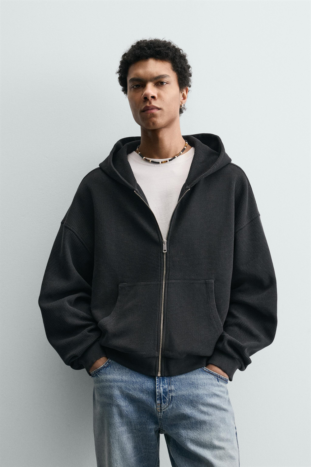 ZARA ХУДИ ИЗ ВАФЕЛЬНОЙ ТКАНИ С ЭФФЕКТОМ ПОТЕРТОСТИ, ТЕМНЫЙ АНТРАЦИТ