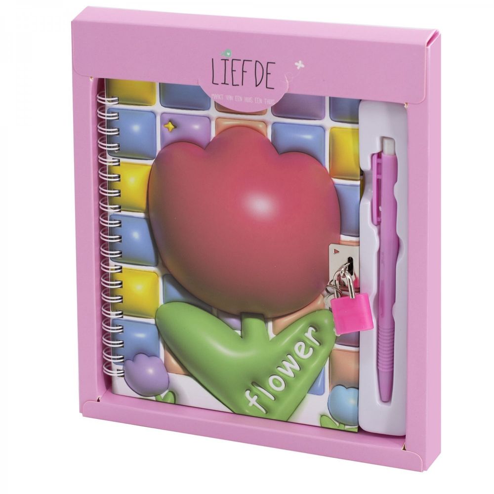 Блокнот в футляре, 18 см * 22 см, гребень, Alingar, мат.ламин, эффект 3D, ручка, замочек, диз. блок, линия, 45 л., &quot;Цветы&quot;, розовый