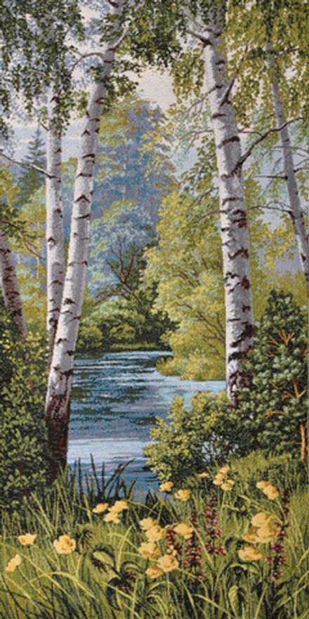 Гобеленовая картина "D. ЛЕТНИЙ ПЕЙЗАЖ С БЕРЕЗАМИ" в багетной раме, Россия.