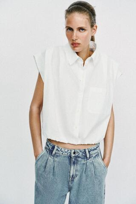 ZARA КОРОТКАЯ РУБАШКА-БАЛЛОН, БЕЛЫЙ