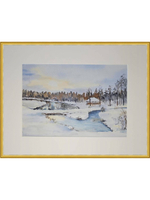 Картина авторская акварельная в паспарту 30х40 см на стену для интерьера "Зимний рассвет в Веребково"