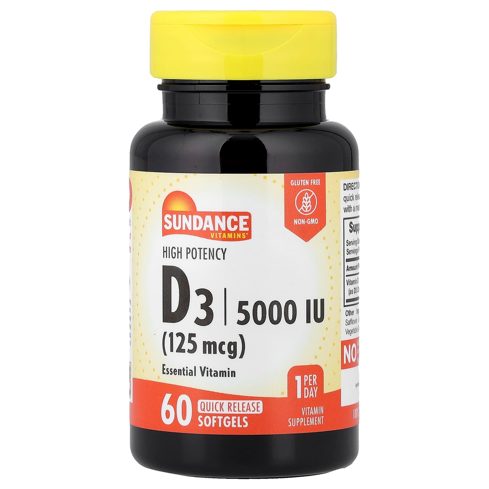 Sundance Vitamins, витамин D3, высокоактивный, 125 мкг (5000 МЕ), 60 капсул с быстрым высвобождением