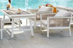 "Сан Ремо" кресло плетеное из роупа садовое, каркас алюминий белый, роуп бежевый, ткань бежевая