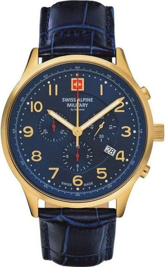 С ремешком Мужские наручные часы с синим кожаным ремешком  Swiss Alpine Military 7084.9515 Chronograph 43mm 10ATM