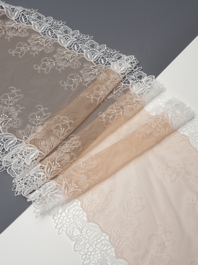 Кружево вышивка на сетке бежевая с белым неэластичная ширина 25 см