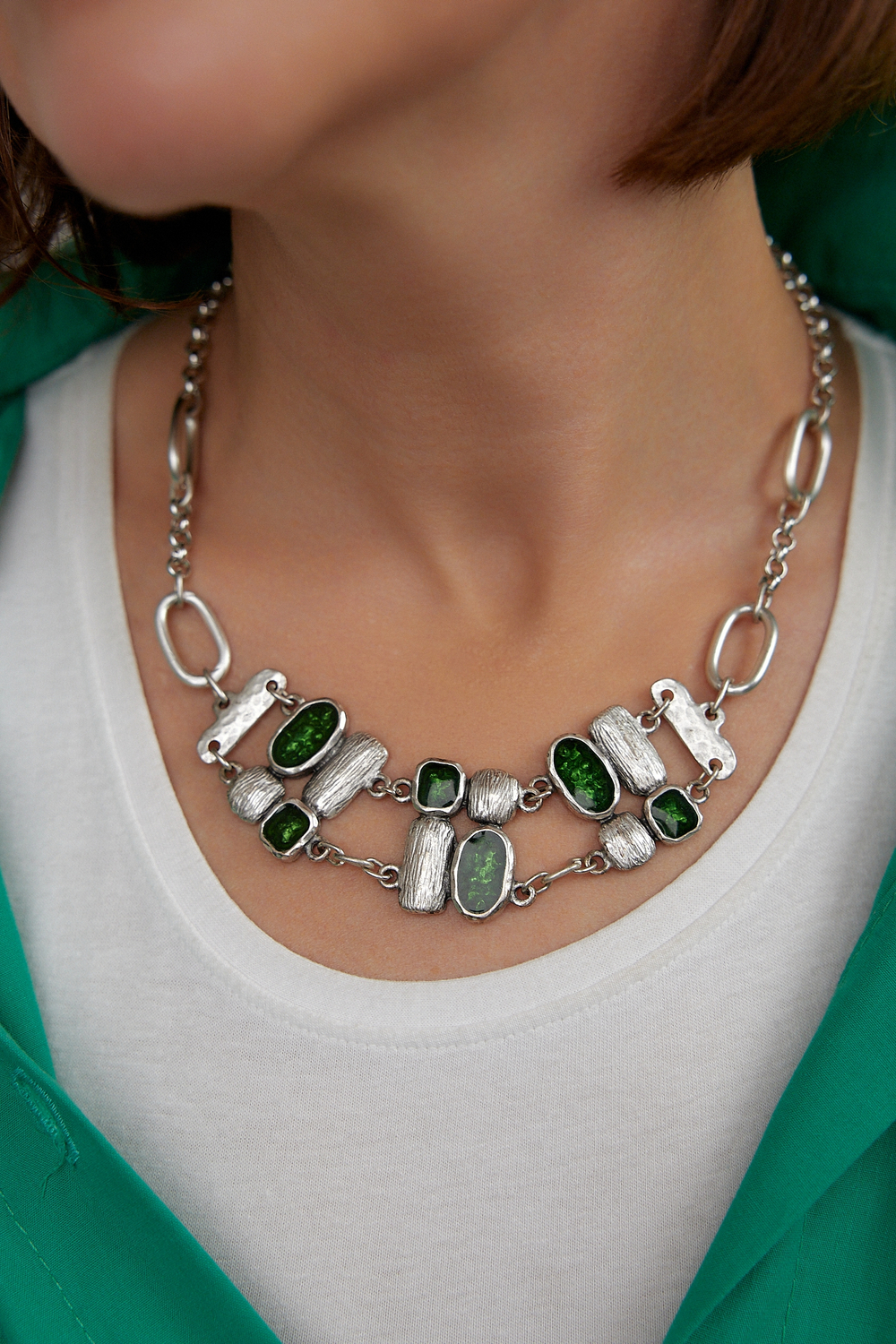 HMG MT Enamel Silver Колье chain mix арт.1490, с зеленой эмалью
