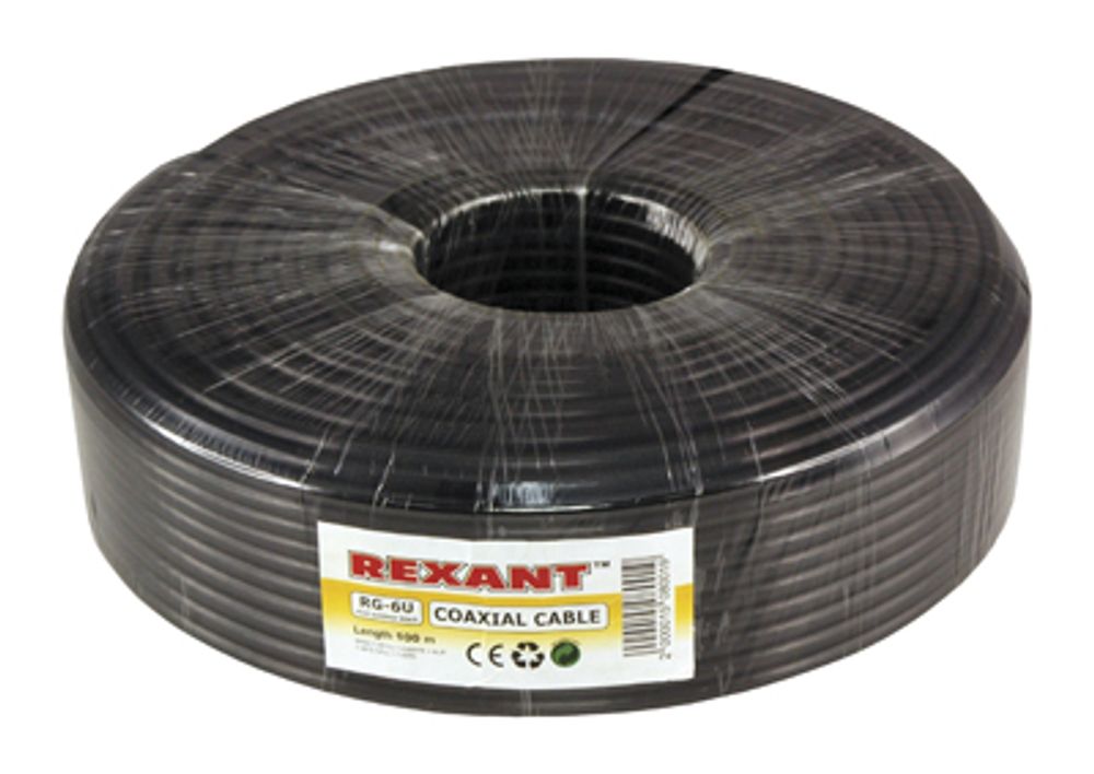 Кабель коаксиальный RG-6U, 75Ом, Cu/Al/Cu, 64%, 100м, OUTDOOR, черный REXANT