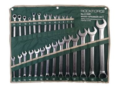 Набор ключей комбинированных универсальный 27пр.(6-36мм),разрезные 2пр(10-12,11-13мм) трещоточные 4пр(8-13мм) на полотне RockForce##Rock FORCE RF-5150R
