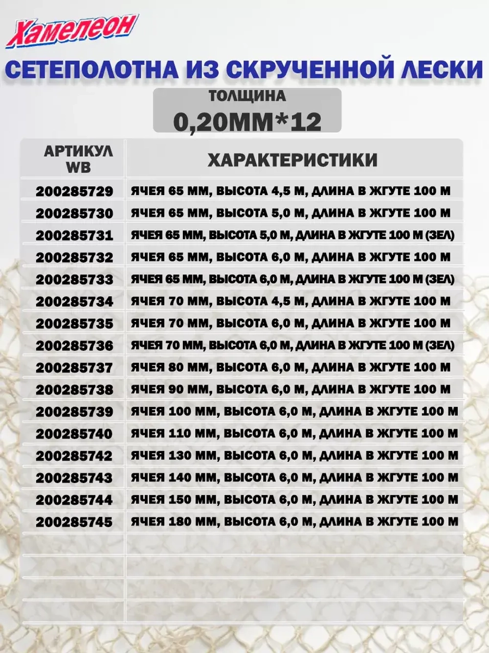 Сетеполотно скр.леска 0,12мм*3, яч. 52мм, высота 6,0м кукла