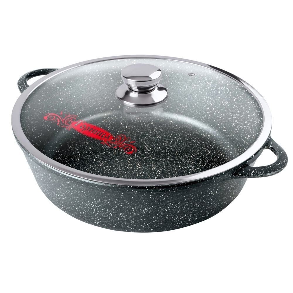 Жаровня 26*9,5см 3,5л Гранит с литыми ручками и стеклянной крышкой, ж7126аг