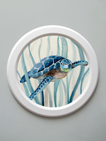 Картина на натуральном холсте в круглой деревянной раме "Морская черепаха"