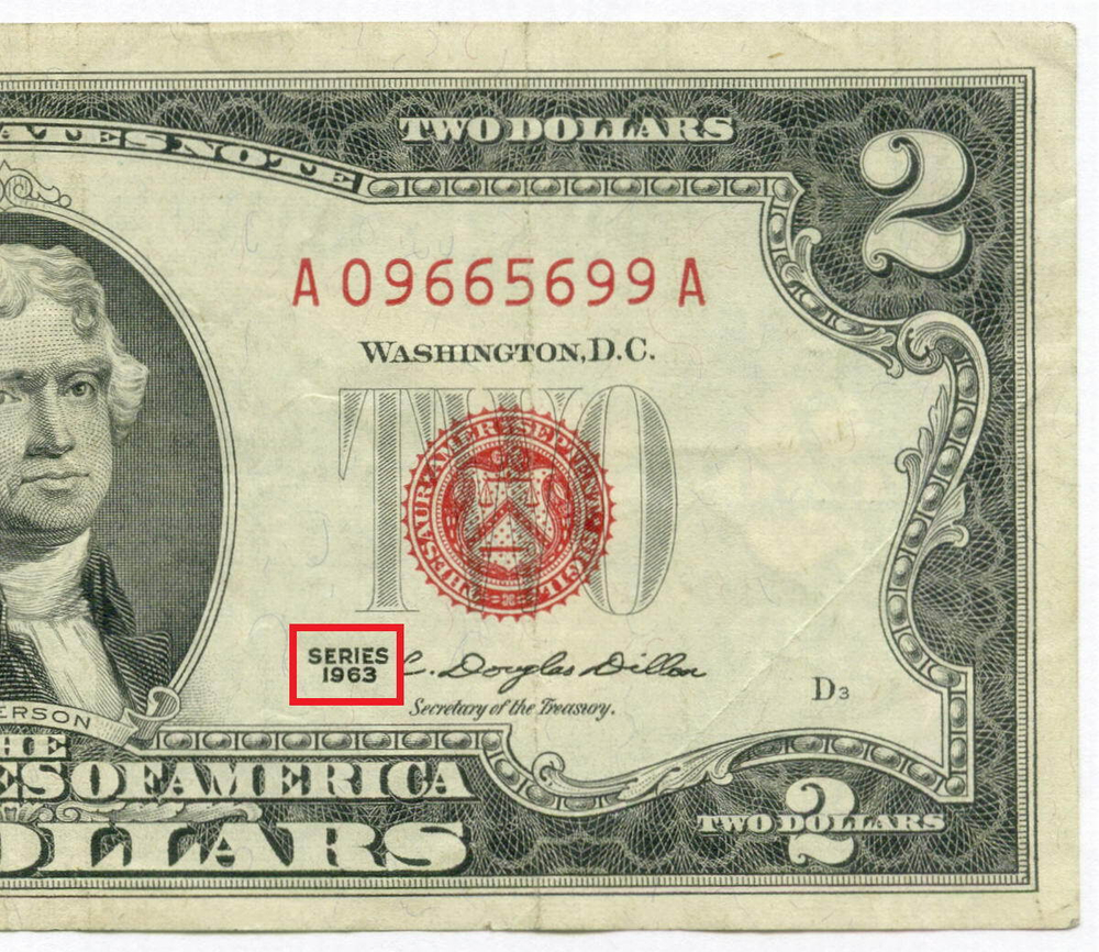 Банкнота США 2 доллара 1963 A 09665699 A. VF