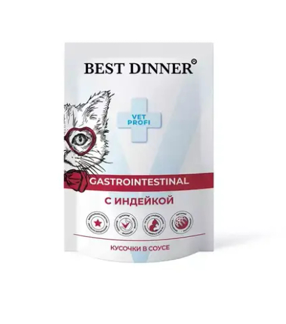 Влажный корм для кошек пауч Best Dinner Vet Profi Gastro Intestinal 0,085кг индейка кусочки в соусе (при заболеваниях ЖКТ). 24 упаковки