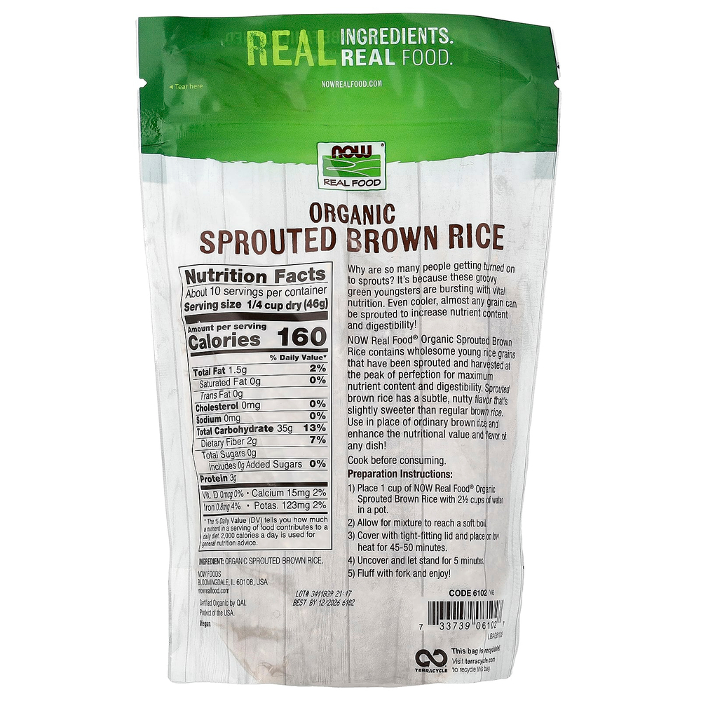 NOW Foods, Real Food, органический проросший бурый рис, необработанный, 454 г (16 унций)