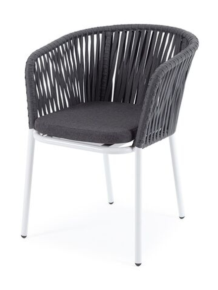 "Бордо" стул плетеный из роупа, каркас алюминий белый шагрень, роуп серый 15мм, ткань темно-серая 019
