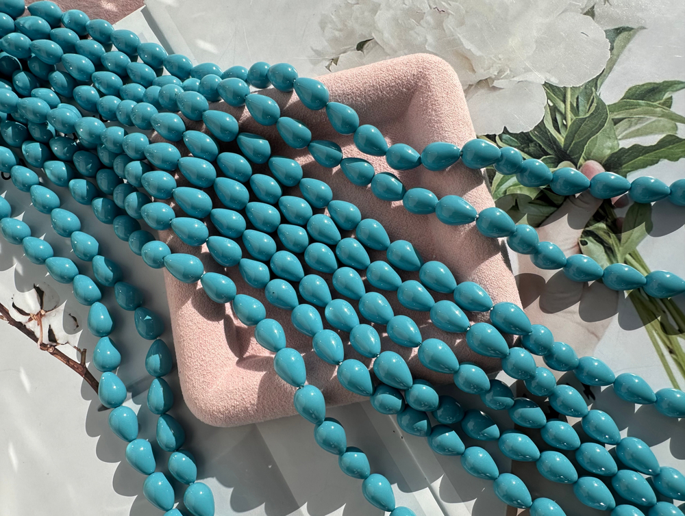 Нить бусин для украшений Капля 9,5х13,5мм, "Майорка-Голубая" (имитация)