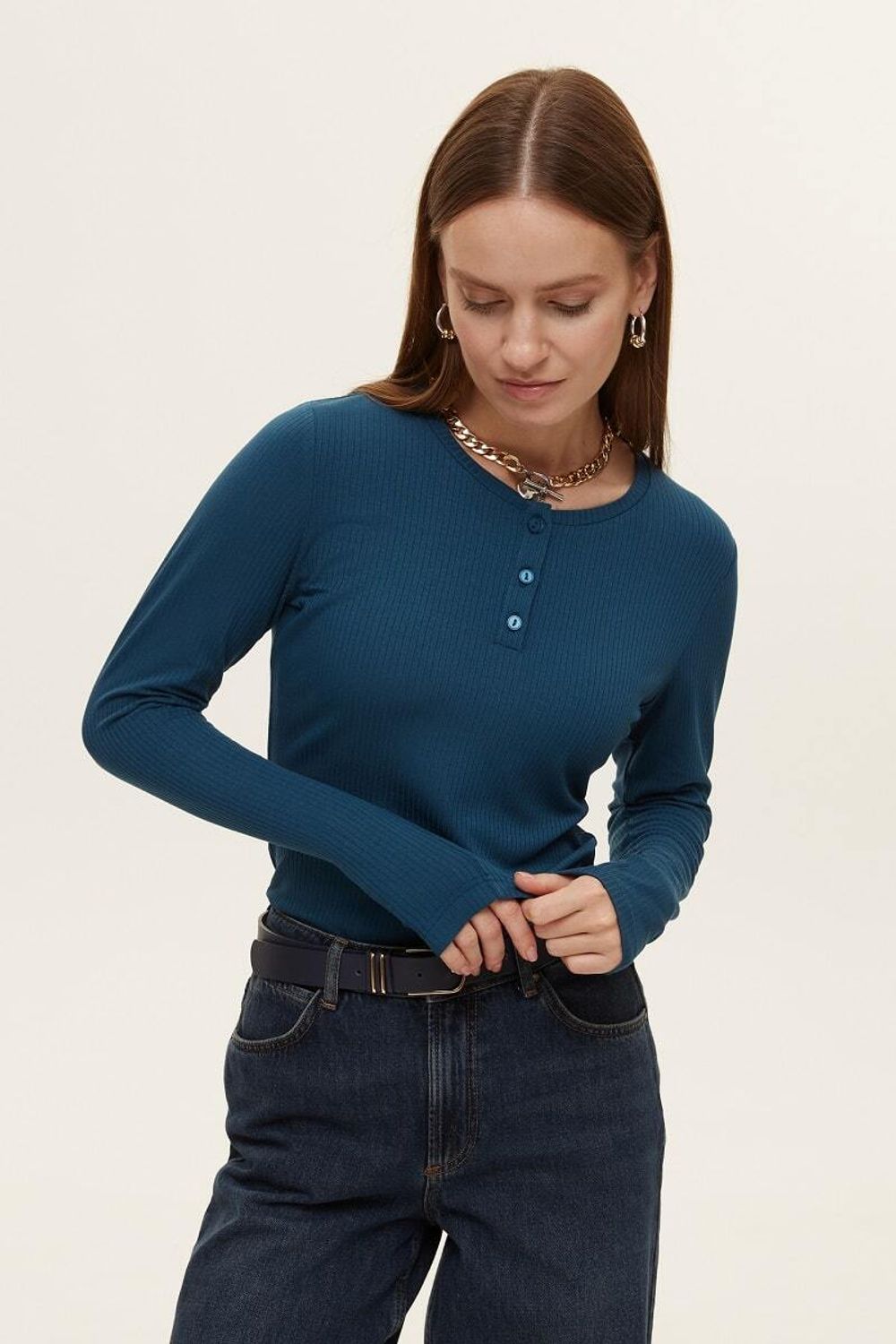 Лонгслив с пуговицами темно-бирюзовый