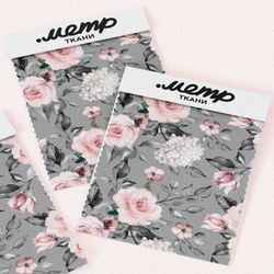 Ткань оксфорд 600 бело-розовые цветы на сером