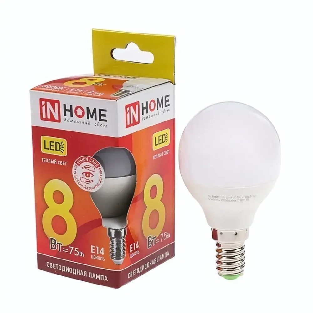 Лампа светодиодная IN HOME, Е14, 8Вт, P45 (шар), 220 Вт, 600Лм, 3000К