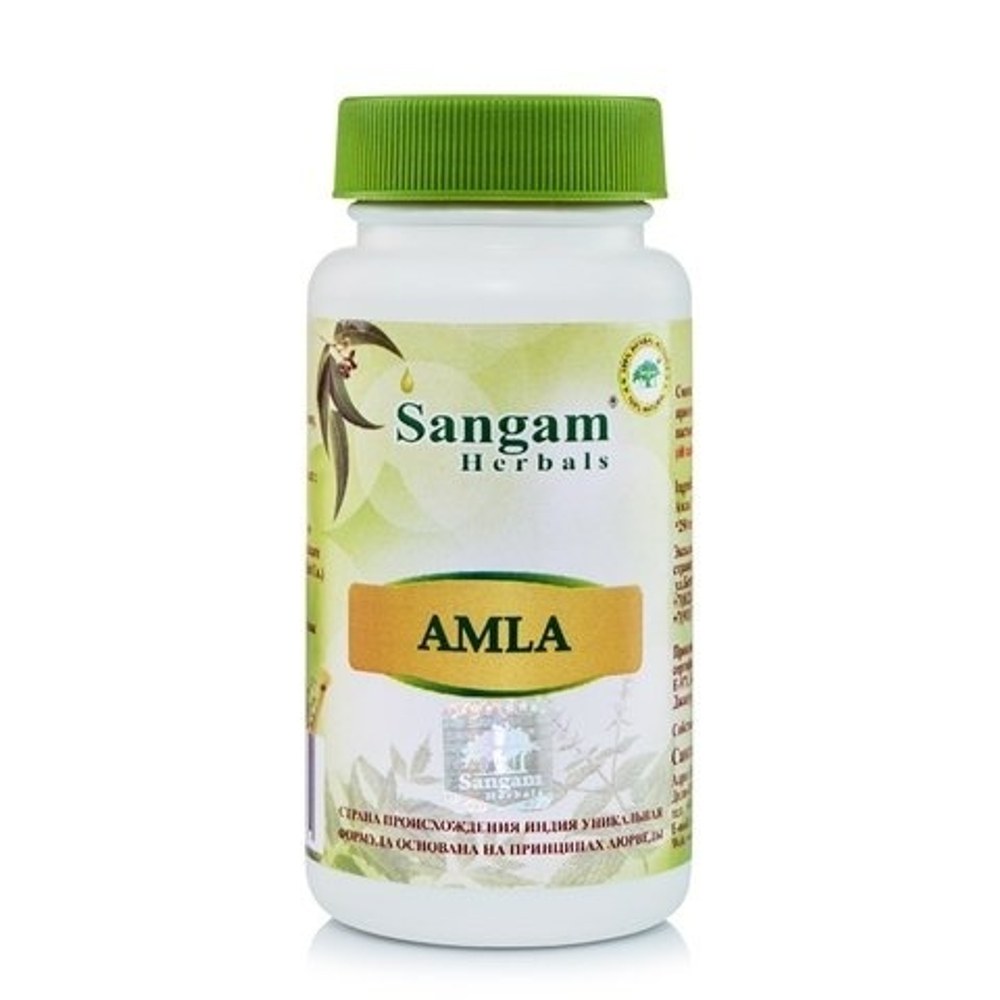 БАД Sangam Herbals Amla Амла (750 мг) 60 Амла обладает антиоксидантными, иммуномодулирующими, регенерирующими, омолаживающими, тонизирующими, противовоспалительными, антибактериальными, противовирусными, жаропонижающими, вяжущими, ветрогонными, мочегонными и мягкими слабительными свойствами.