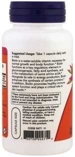 Капсулы NOW Biotin, 100 г, 150 мл, 5000 мкг, 60 шт.