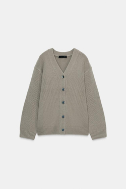 ZARА КАРДИГАН ИЗ 100% ШЕРСТИ С V-ОБРАЗНЫМ ВЫРЕЗОМ, СЕРО-КОРИЧНЕВЫЙ