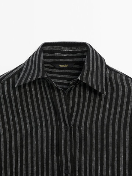 Massimo Dutti Блуза оверсайз из смесового льна в полоску, Черный