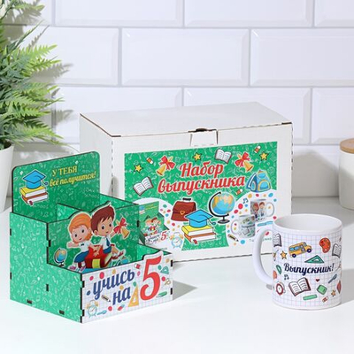 Подарочный набор Выпускнику школы! органайзер, кружка, зеленый цвет, глобус
