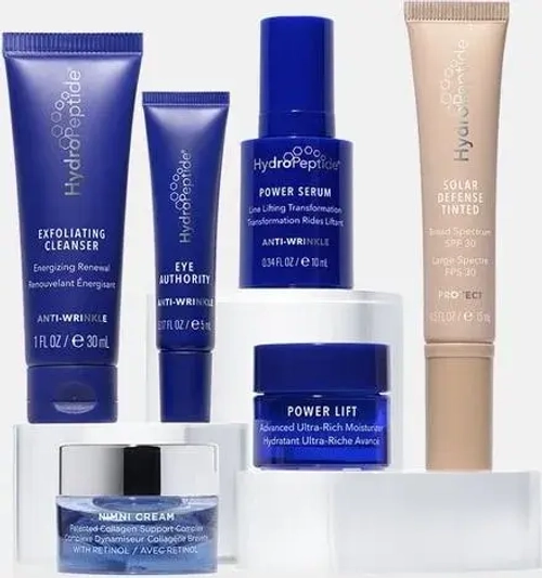 HYDROPEPTIDE Набор Age Reversal Regimen Travel Size (Power Serum,Power Lif, Eye Authority, Nimni Cream , Exfoliating Cleancer, Solar Defense Tinted SPF30, Navy Puffer Bag) Мини набор для коррекции возрастных изменений и профилактики старения