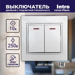 Выключатель Intro Plano 1-105-01 двухклавишный с подсветкой, 10А-250В, IP20, СУ, Plano, белый