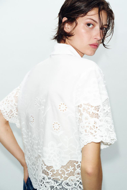 ZARA РУБАШКА С ПЕРФОРИРОВАННОЙ ВЫШИВКОЙ, БЕЛЫЙ