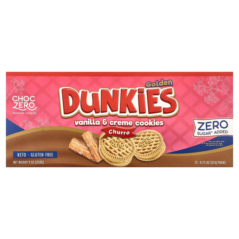 ChocZero, Premium Cookies, Golden Dunkies, ванильное печенье с кремом, чуррос, 12 упаковок по 21 г (0,75 унции)